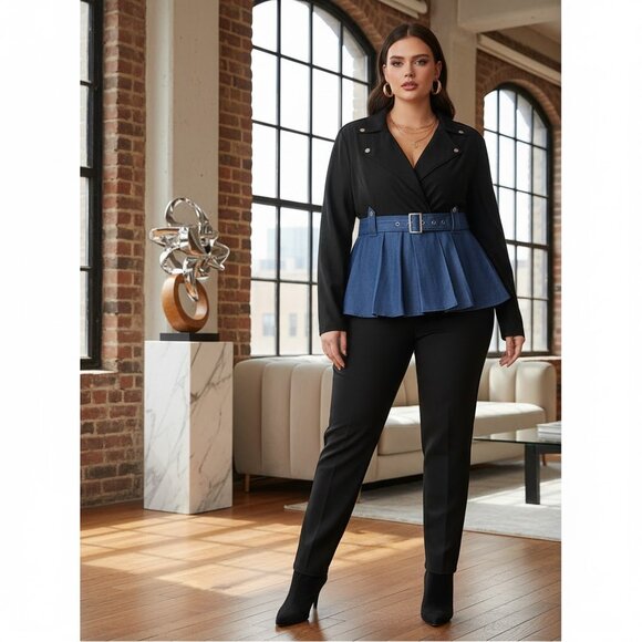 Shein Sylvia Mollie Plus Faux Denim Black Peplum Colorblock Blazer Jacket 12, 0X - Picture 1 of 13